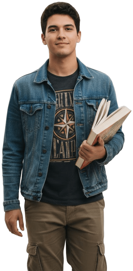 pessoa com um livro de baixo do braço, olhando para frente